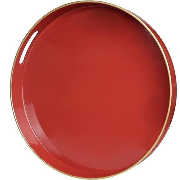 Red Round Decorative Tray with Handles, 13" Elegant Coffee Table Serving Tray - Picture 1 of 6